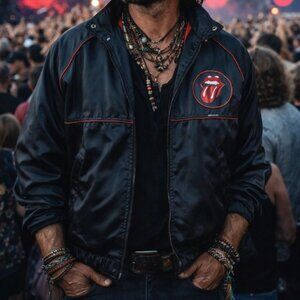 Vintage 80’s Roadie Rolling Stones Bomber Jacket Black Satin Tongue Logo Rocker